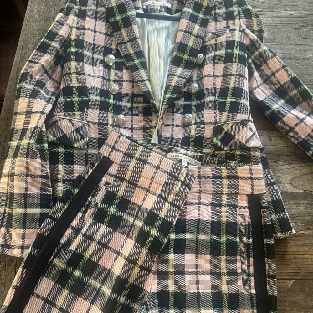 Veronica Beard Pink Black and Green Plaid Double-Breasted Blazer & Trousers